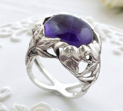 Amethyst Gemstone 925 Sterling Silver Floral & Vine Motive Ring