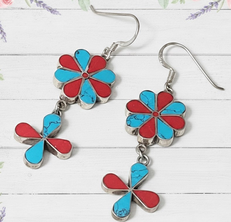 Coral and Turquoise 925 Sterling Silver Vintage Earrings