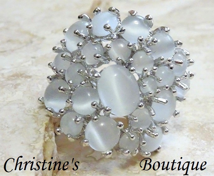White Cats Eye Stone Fashion Ring Size 8 - Click Image to Close