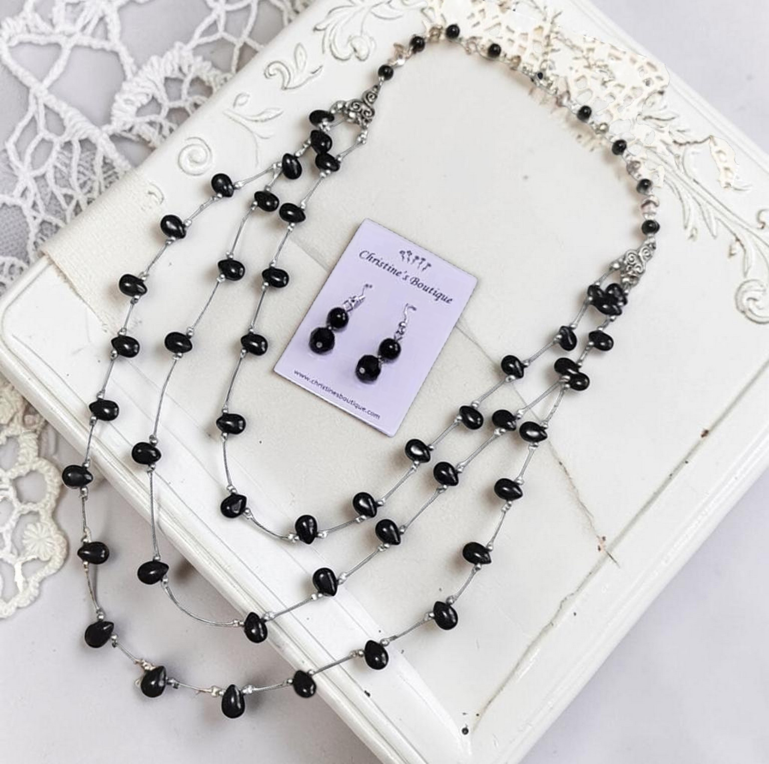Onyx Gemstone Multi Strand Necklace & Earrings Set