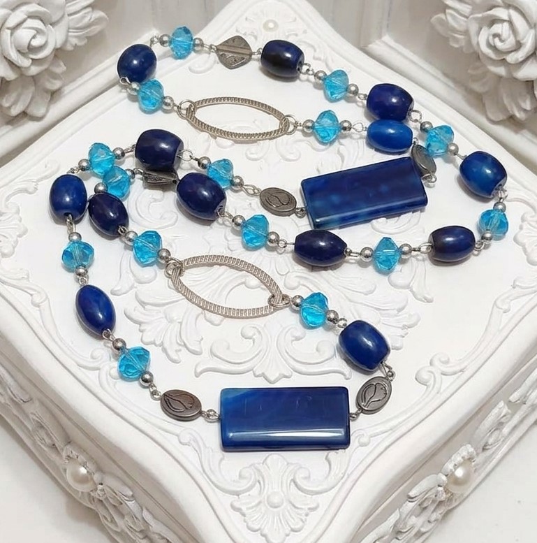 Blue Rhodium Semi Precious Stone & Glass Long Necklace
