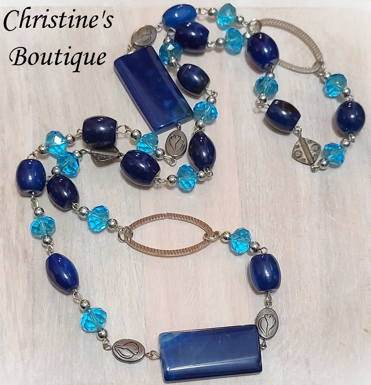 Blue Rhodium Semi Precious Stone & Glass Long Necklace