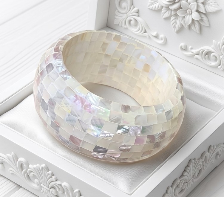 Mother of pearl mosaic large bangle bracelet