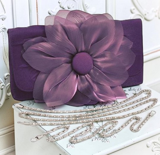Purple center flower clutch purse with silver chain