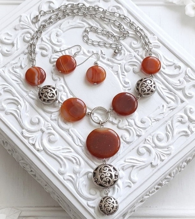 Carnelian Gemstone Necklace and Earrings Set
