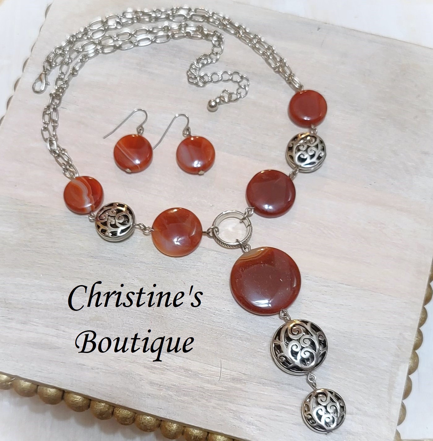 Carnelian gemstone, filigree beads lariat necklace & earrinngs