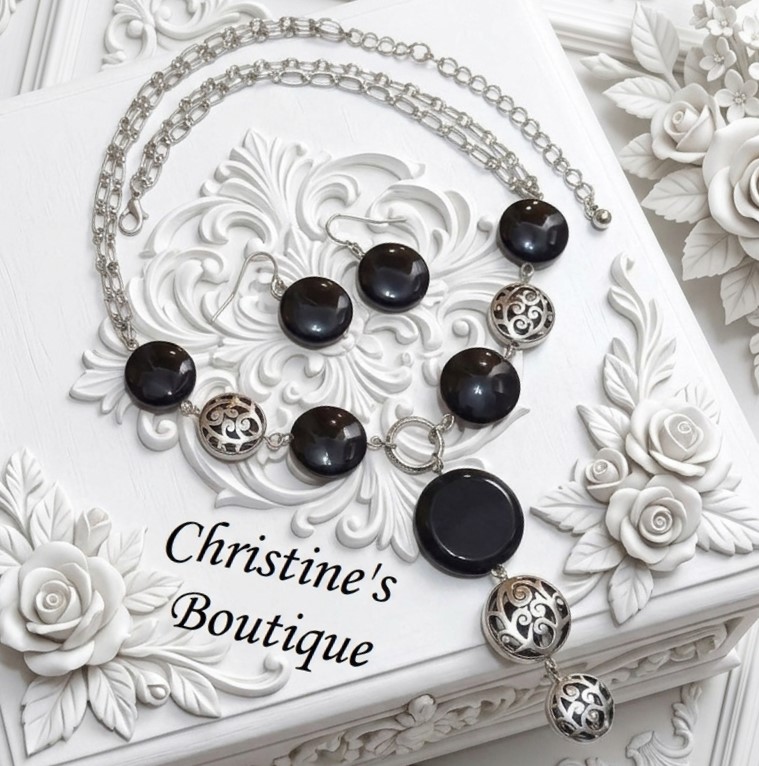 Black Onyx Gemstone Necklace and Earrings