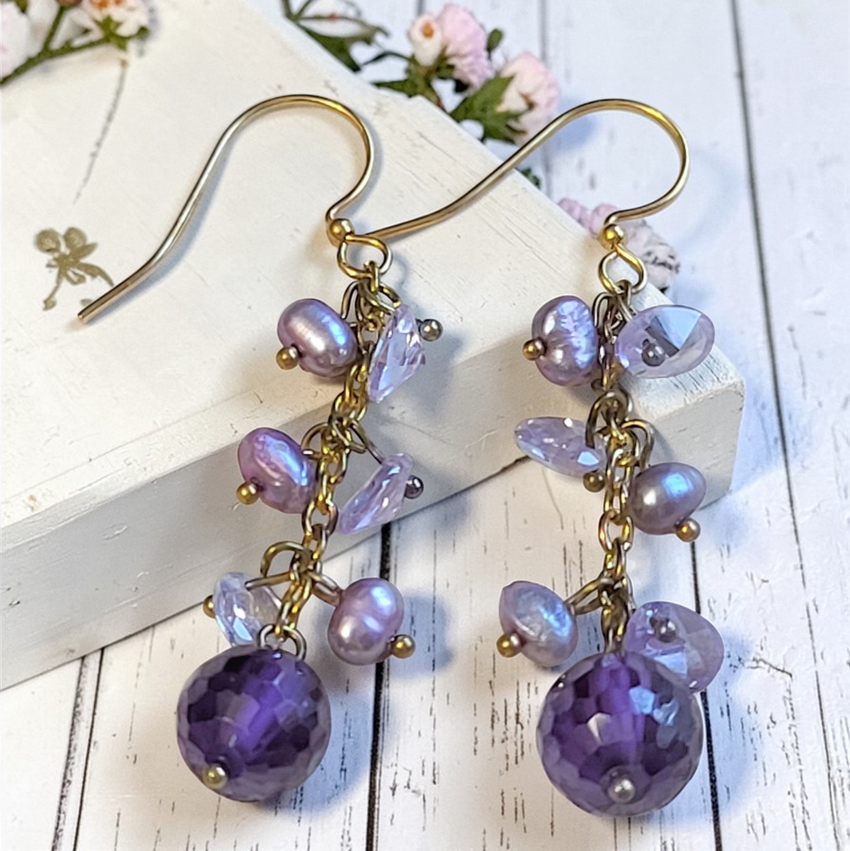 Purple Glass and pearls dangle earrings