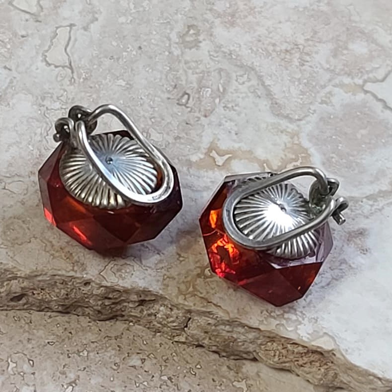 Faceted Cut Amber Sterling SIlver Clip Back Earrings