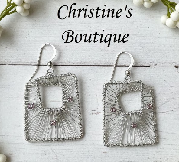 Wire framed earings with pink rhinestones, vintage pierced earrings, 1980's