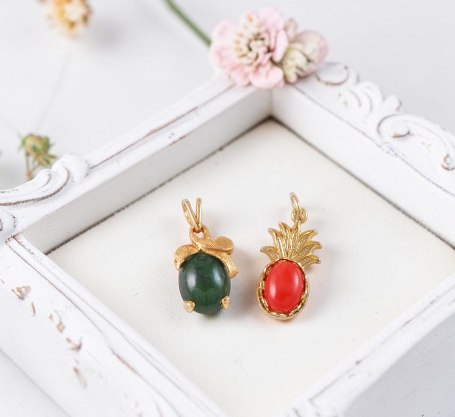 Coral Pineapple & Jade Charm Set for Bracelet or Pendant