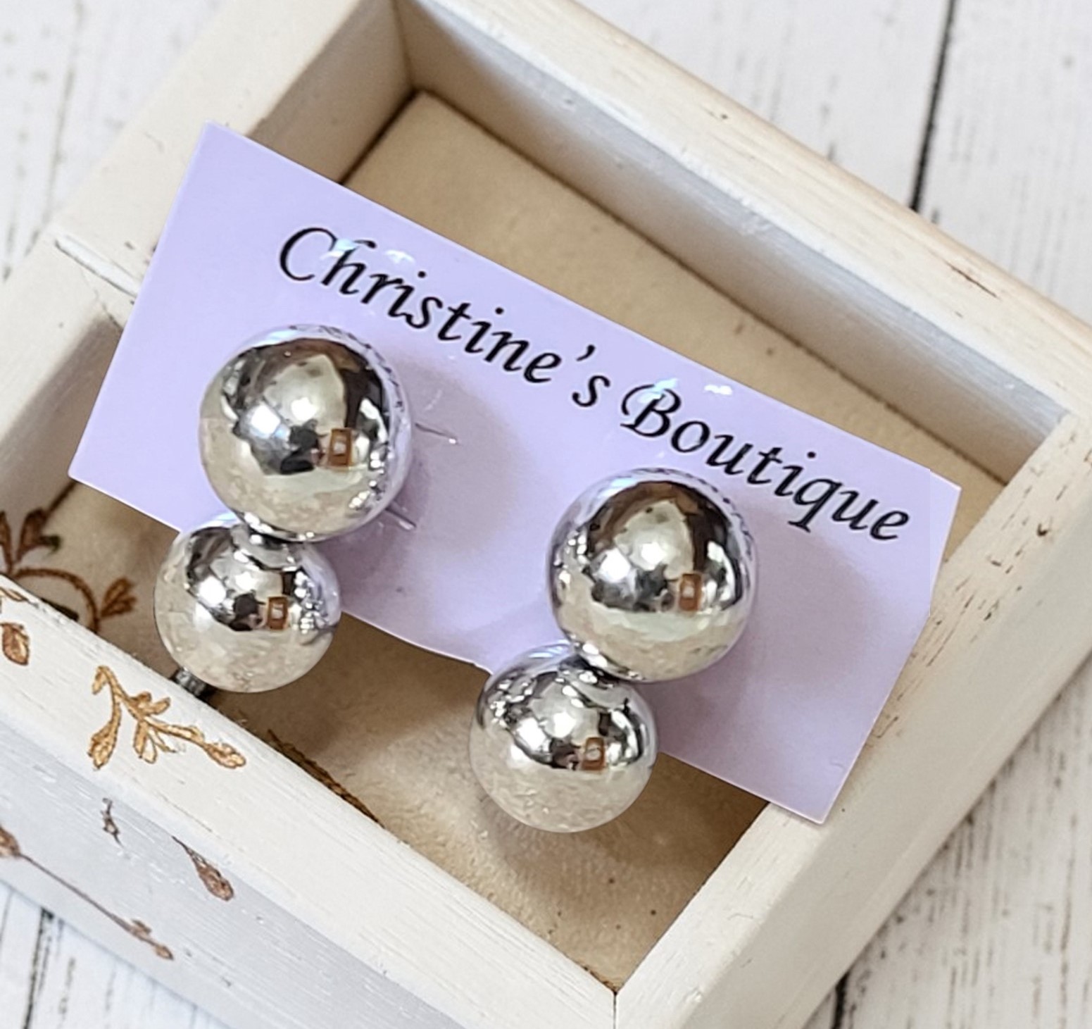 Silver double bead earrings, vintage clip ons