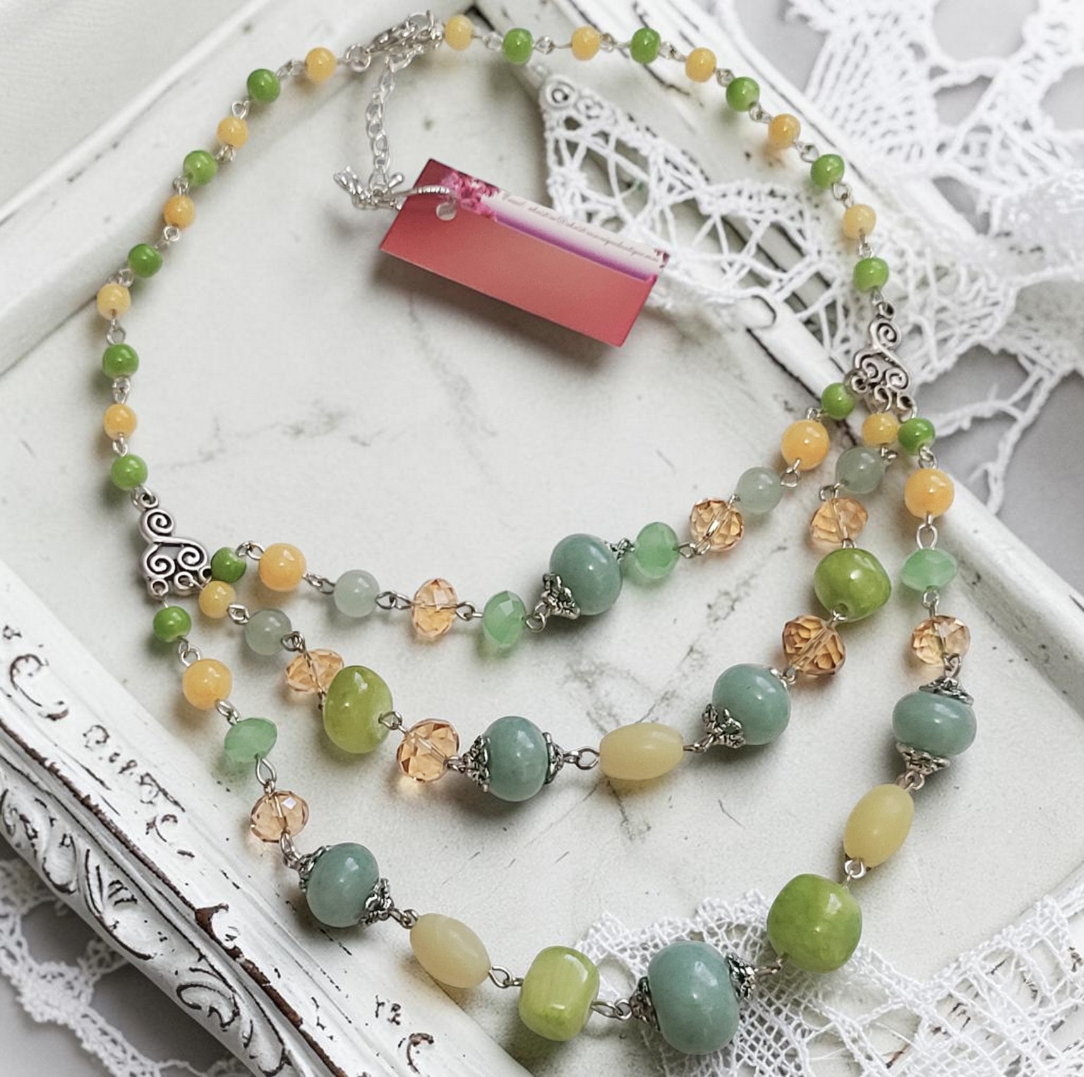 Three Strand Glass and Agate Gemstone Necklace