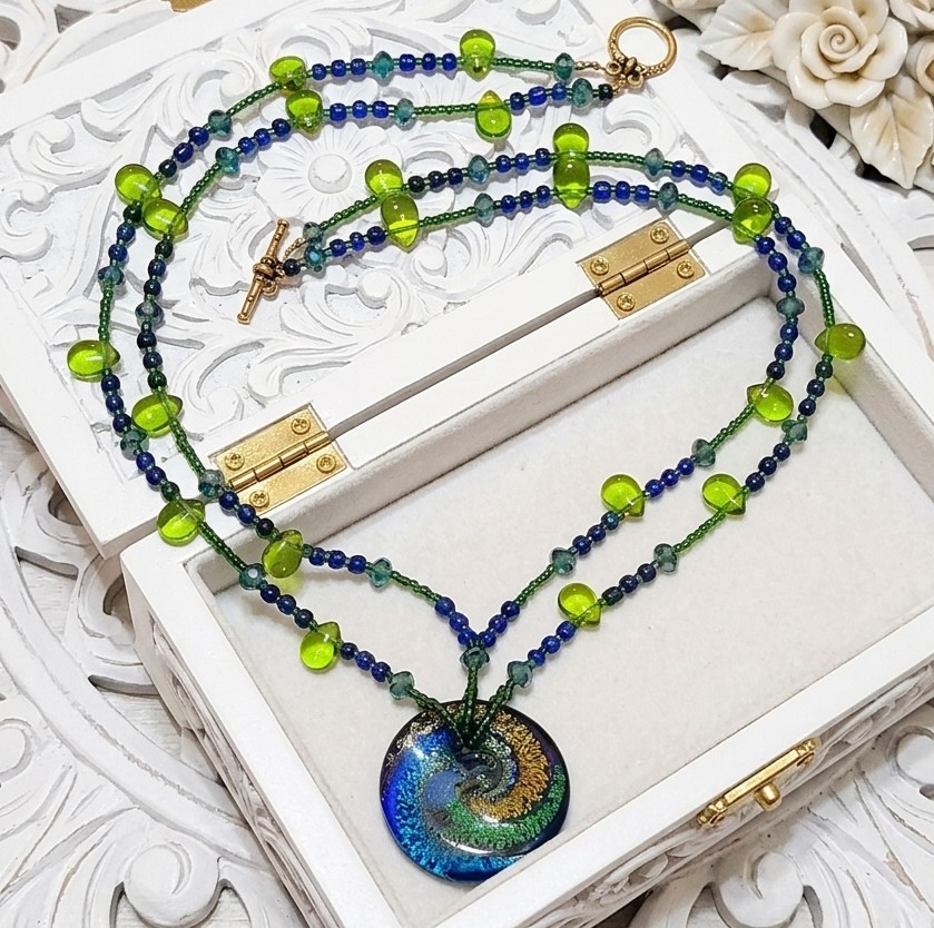 Lampwork glass necklace, handcrafted, dangle pendant, 2 strand