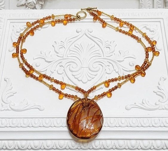 Lampwork glass necklace, handcrafted, dangle pendant, 2 strand