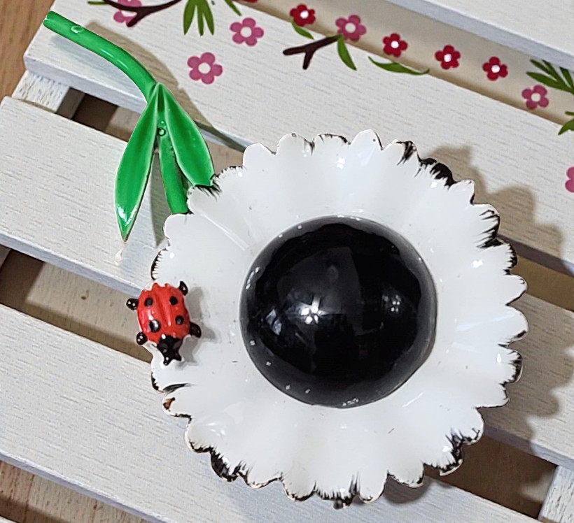 White Flower with Lucky Ladybug Vintage Pin