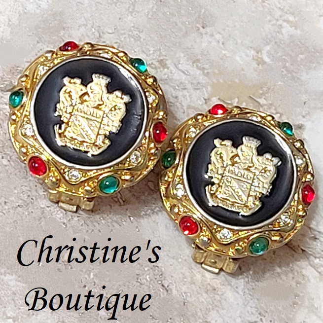 Crest and shield clip on earrings,vintage, signed Paolo - Click Image to Close
