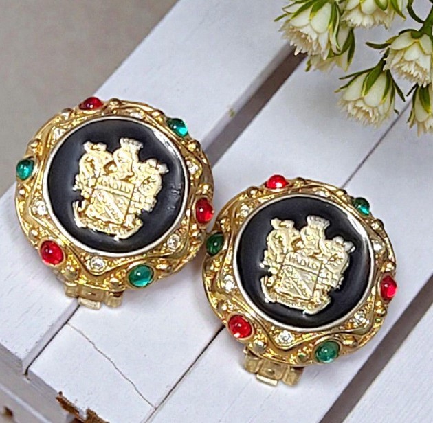 Crest and shield clip on earrings,vintage, signed Paolo