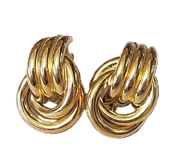 Goldtone earrings, twisted knot, vintage clip on earrings by designer Trifari