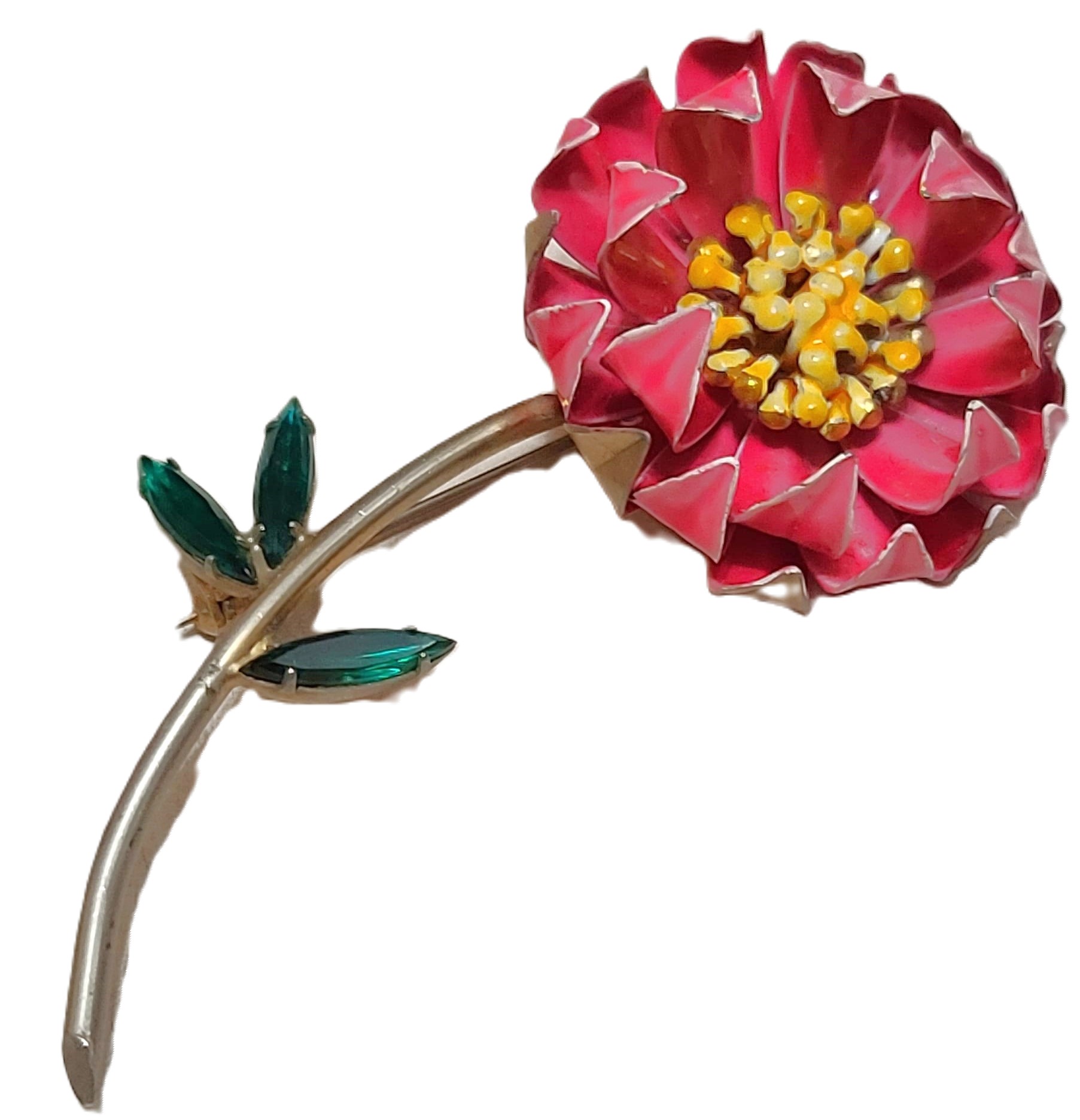 Fushia Pink Flower Large Metal Pin with Rhienstone Leaves