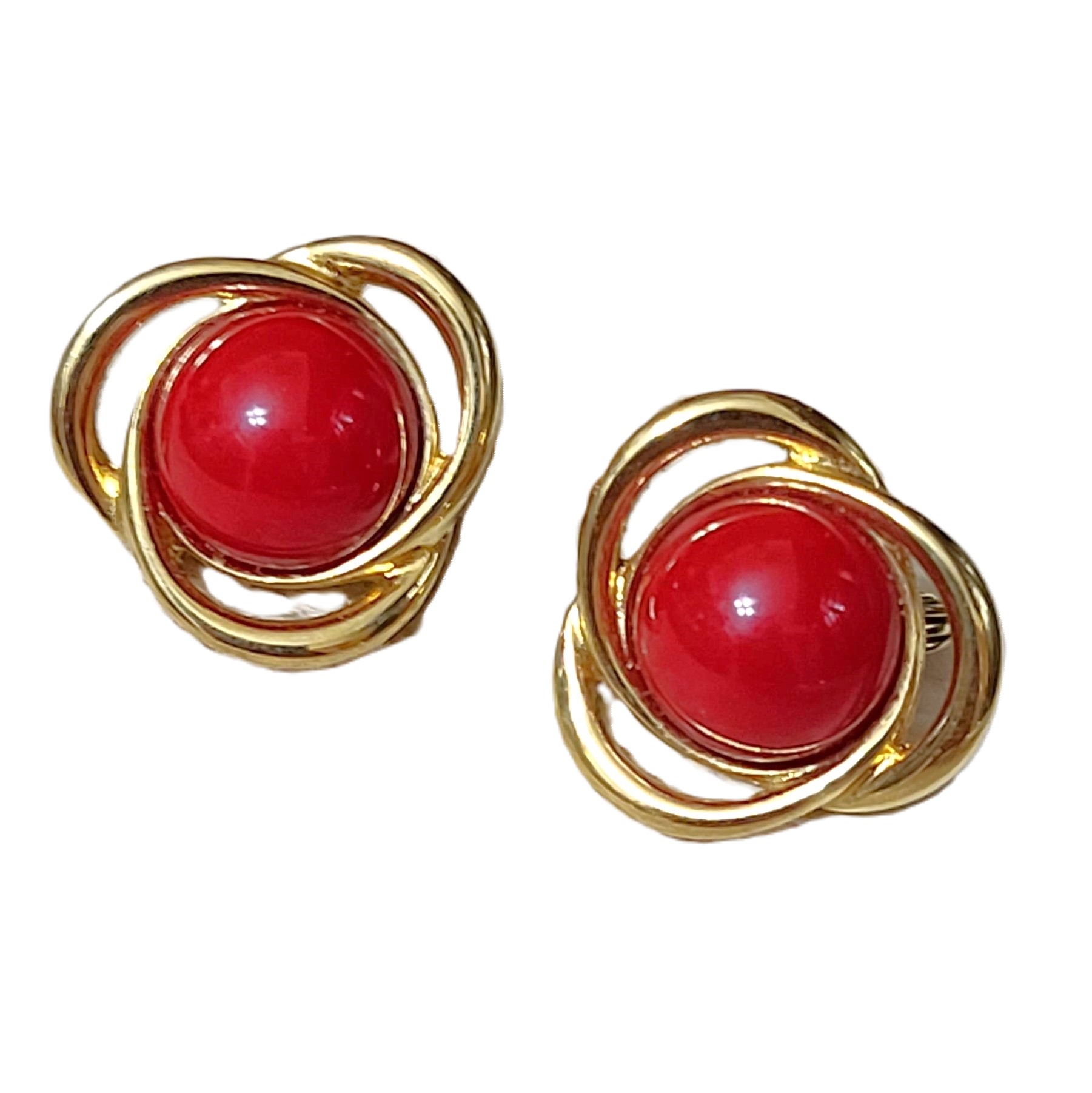 Monet clip on earrings, red cabachon center signed designer Monet - Click Image to Close