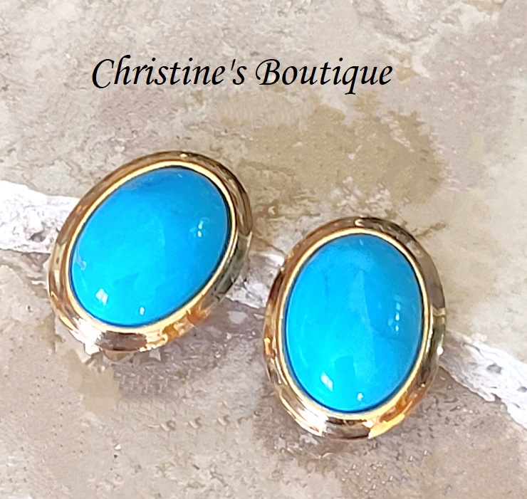 Turquoise cabachon earrings, vintage clip ons - Click Image to Close