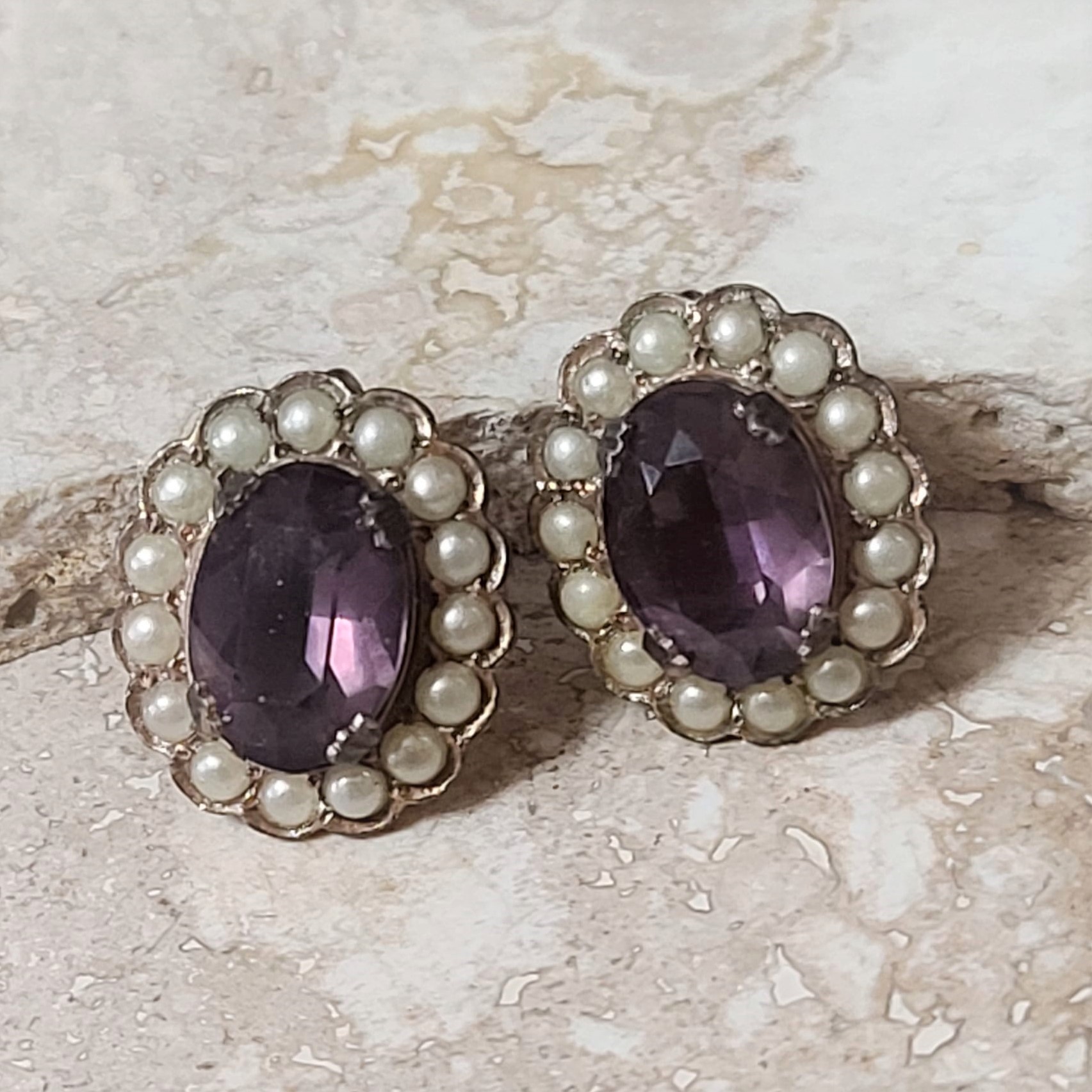 Amethyst Purple Rhinestone & Pearls Vintage Clip Earrings