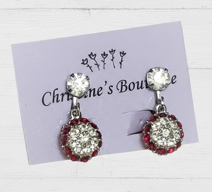 Rhinestone dangle earrinngs, red and white rhinestones, vintage clip on style
