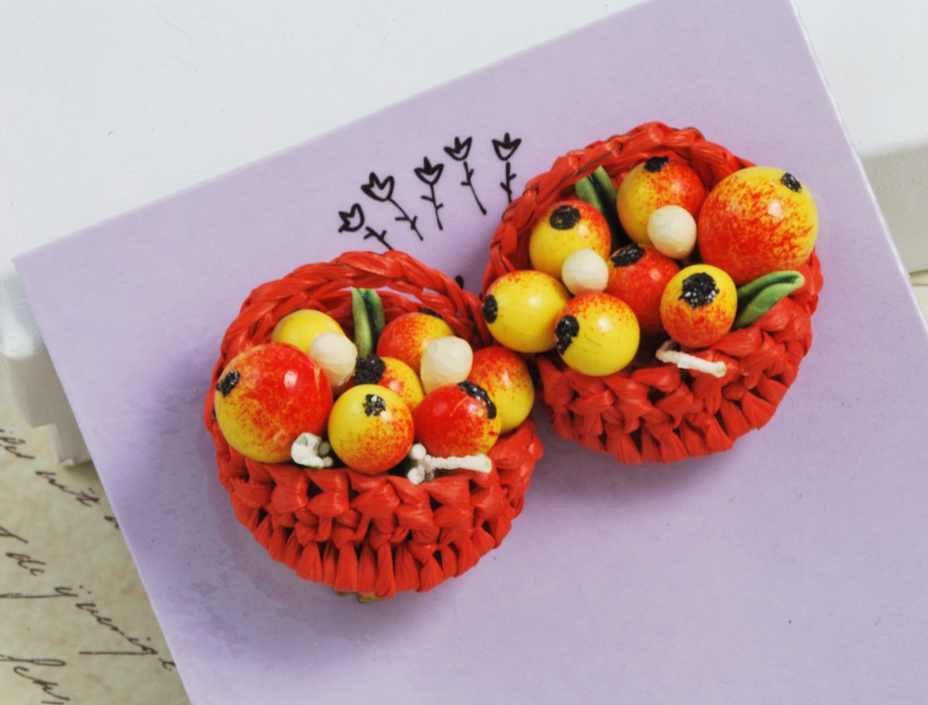 Crochet Fruit Basket Earrings Signed West Germany