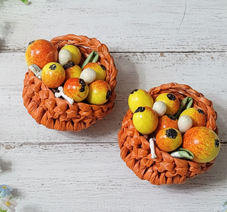 Fruit basket clip on earrings, vintage signed Germany