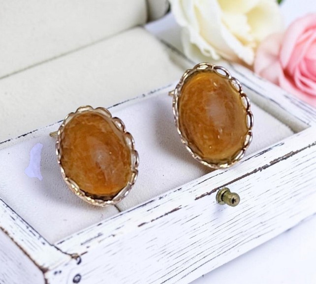 Vintage cuff links, costume, tawny brown cabachons