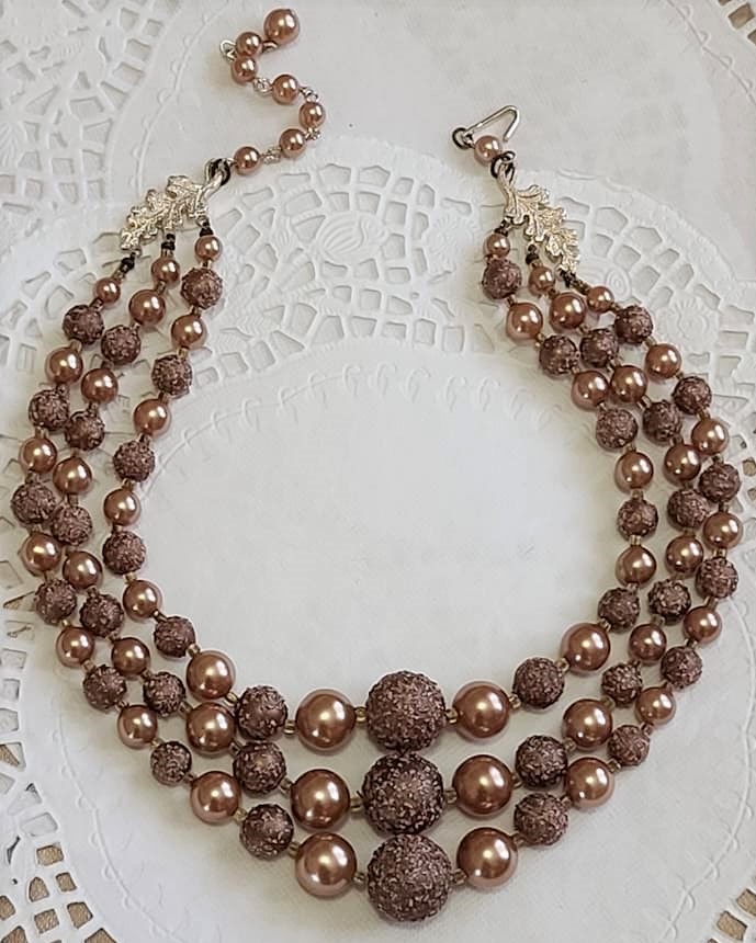 3 Row Mocha Frosted Bead and Pearl Choker Necklace Signed Japan