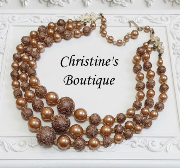 Bead and Pearl 3 Strand Vintage Necklace Signed Japan Mocha Brown Colors