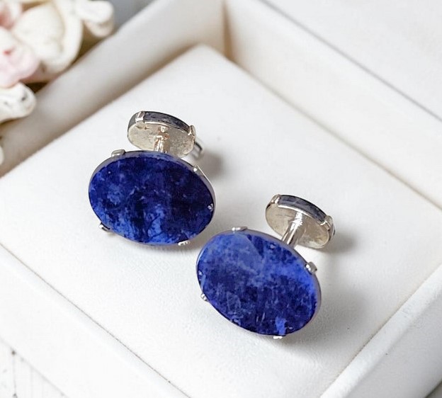 Vintage cuff links, blue polished marbled stone