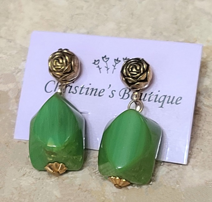 Green dangle earrings, with rose motif, vintage clip ons