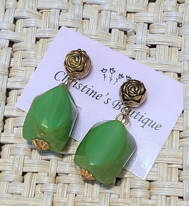 Green dangle earrings, with rose motif, vintage clip ons