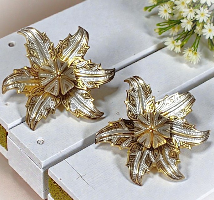 Damascene Flower Vintage Earrings Clip Backs