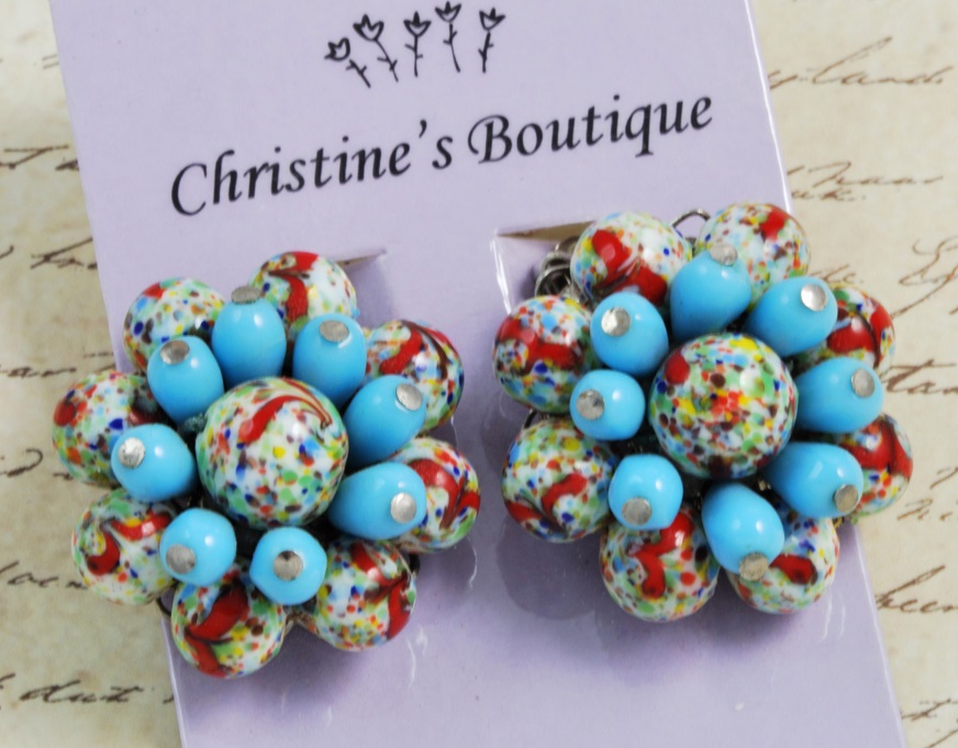 Turquoise and Confetti Bead Vintage Earrings Clip Backs