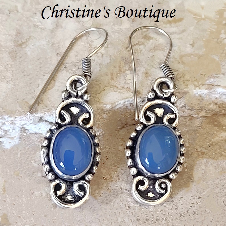 Blue Calcedony Gemstone Sterling Silver Earrings - Click Image to Close