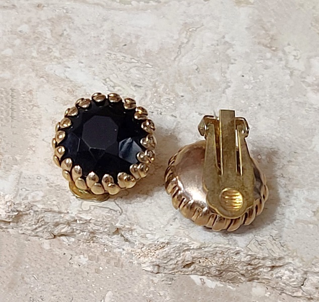 Black Center Bead Goldtone ClipBack Earrings