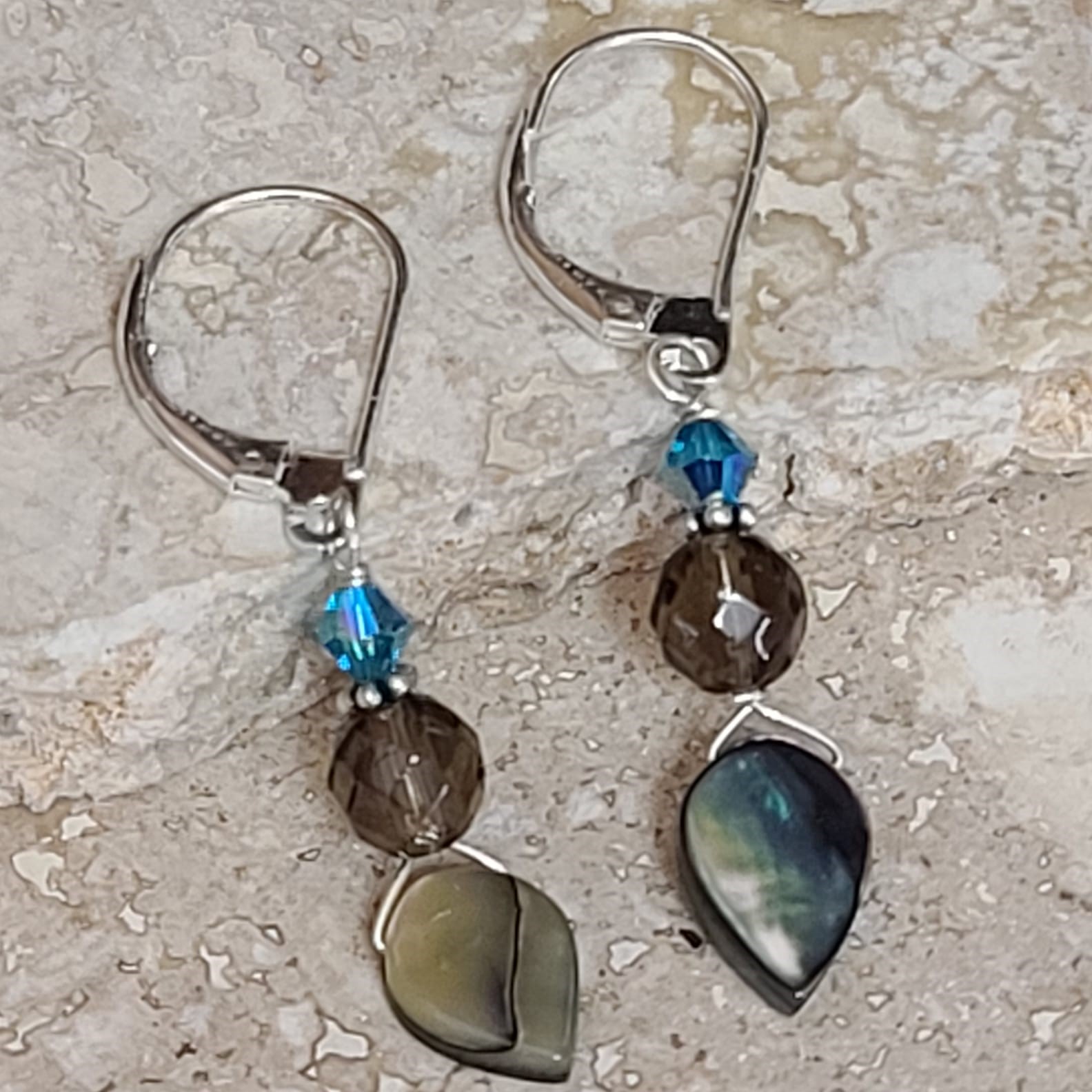 Abalone, Crystal & Glass on Sterling Silver Earrings - Click Image to Close