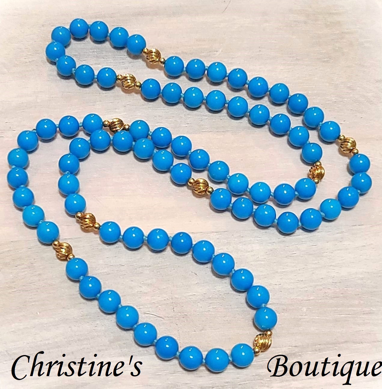 Turquoise glass beaded necklace with gold accent beads 30" - Click Image to Close