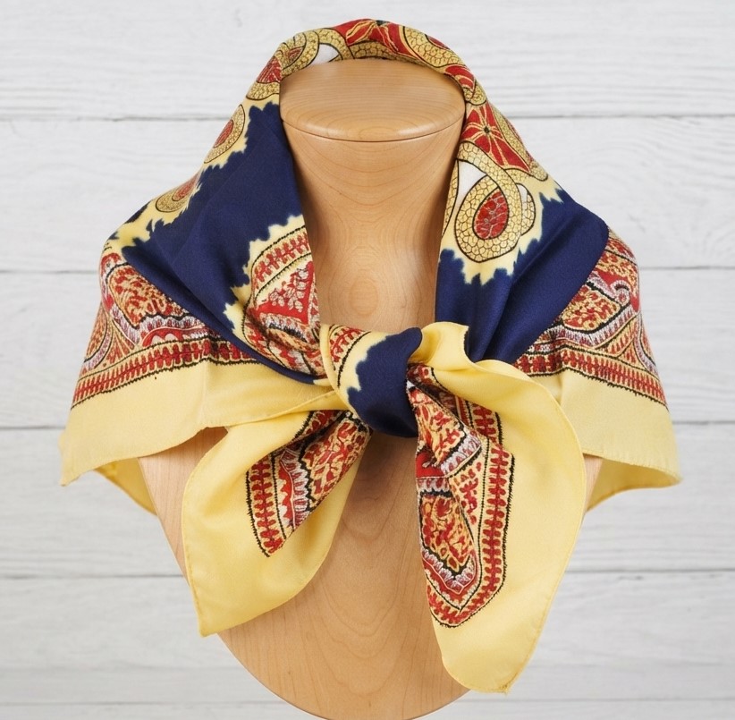 Vintage Scarf Silky Polyester Red, Gold and Blue Colors