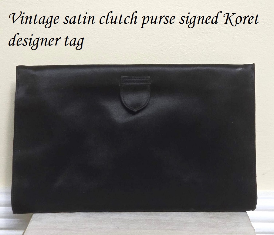 Satin clutch, vintage clutch style purse, black vintage purse, designer Koret, yellow satin interior - Click Image to Close