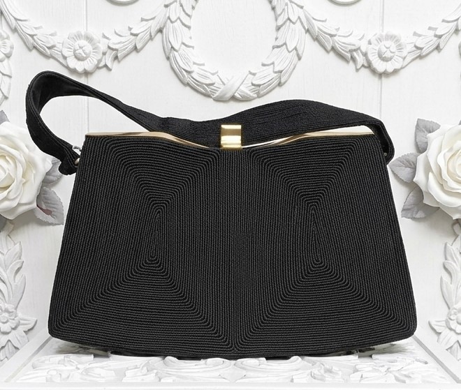 Corde' handbag, vintage black handbag, signed Geniune Corde, black with gold trim hardware
