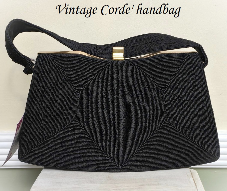 Corde' handbag, vintage black handbag, signed Geniune Corde, black with gold trim hardware - Click Image to Close