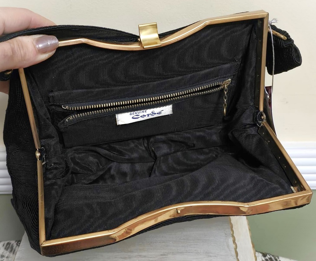 Corde' handbag, vintage black handbag, signed Geniune Corde, black with gold trim hardware