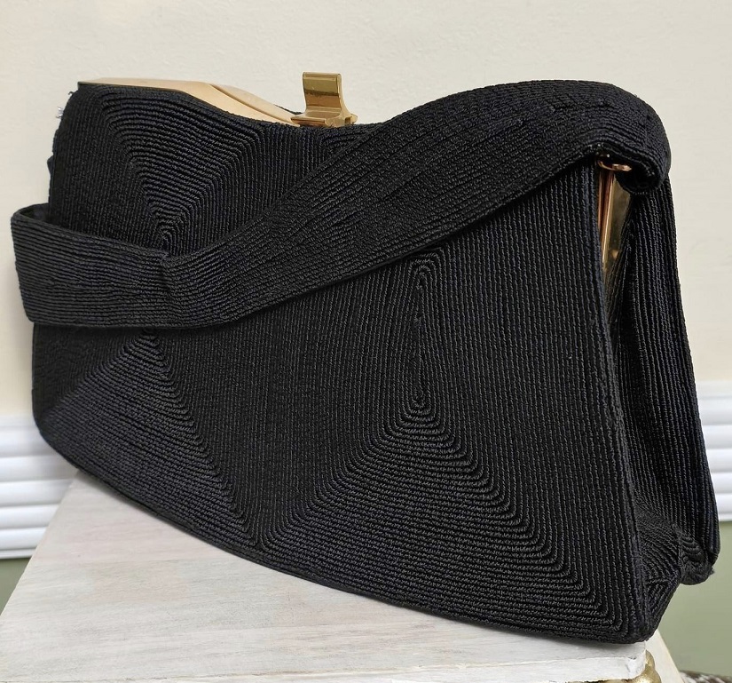 Corde' handbag, vintage black handbag, signed Geniune Corde, black with gold trim hardware