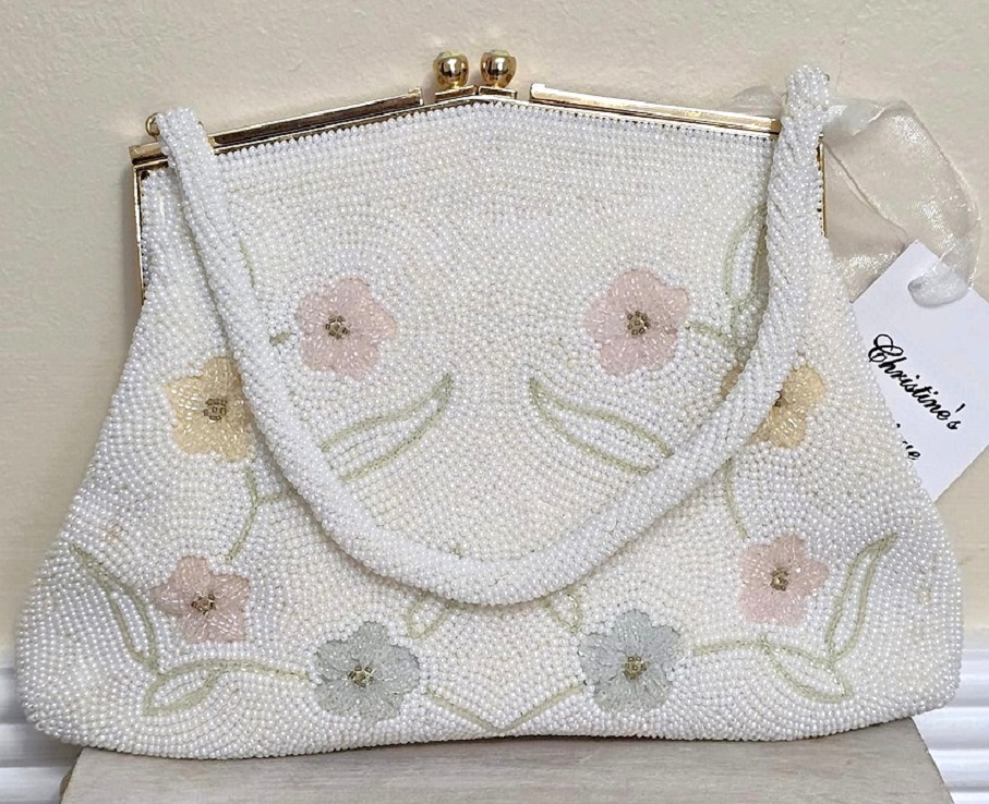 Beaded handbag, vintage beaded bag, signed Japan, abalone shell, aurora borealis stones in a kiss lock frame - Click Image to Close