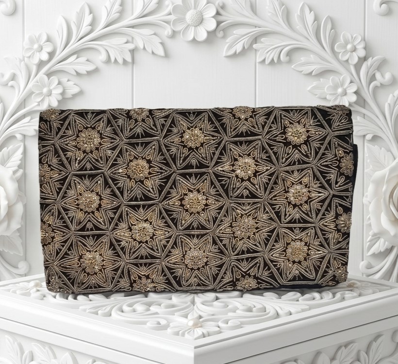Vintage Gold Cord & Silver Raised Applique Clutch Purse